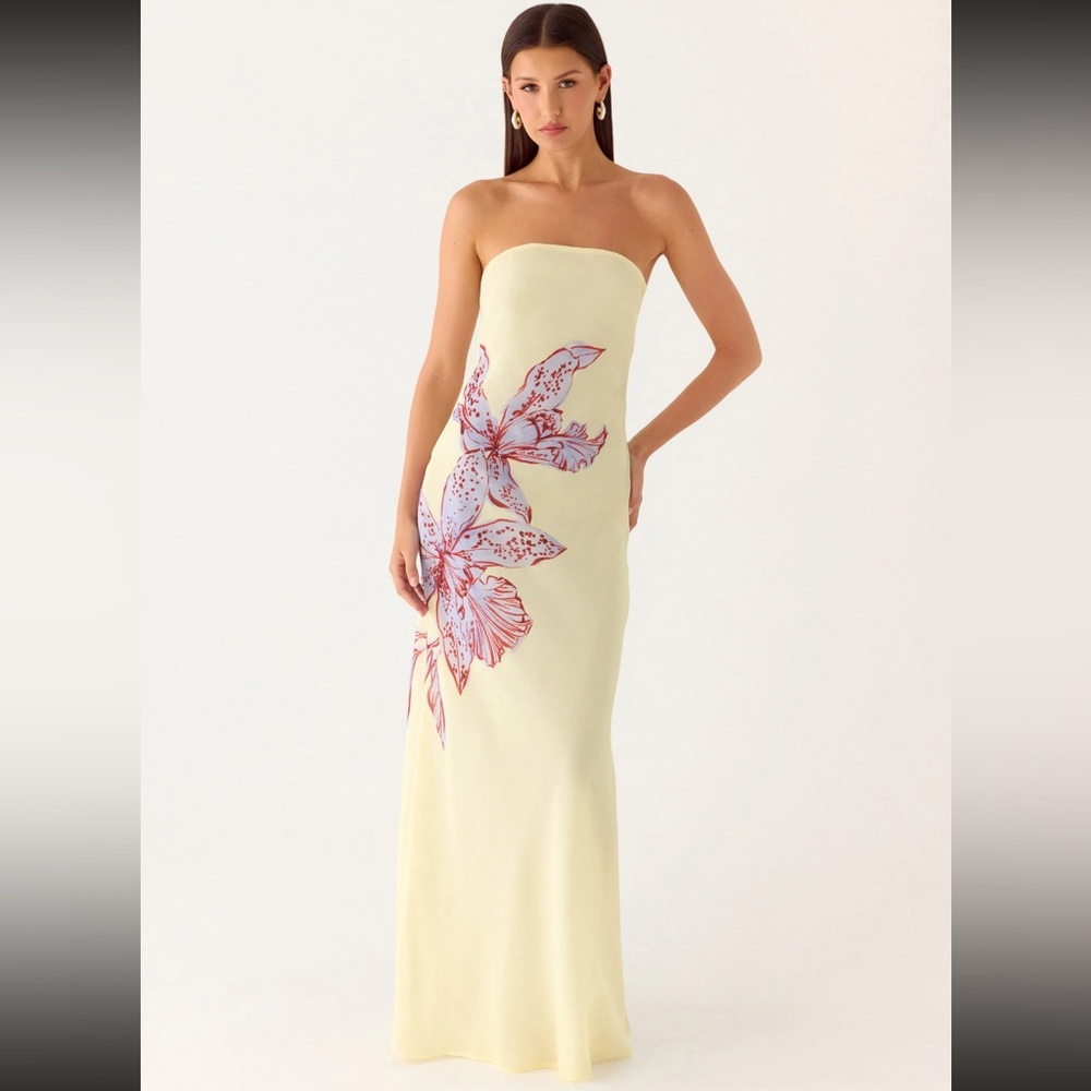 NWT Strapless Lemon Yellow Floral-Print Dress